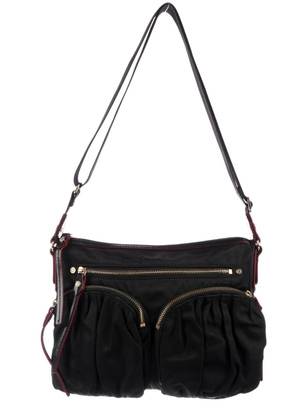 MZ Wallace Black Shoulder Bag with Burgundy Trim and Gold Hardware Accents